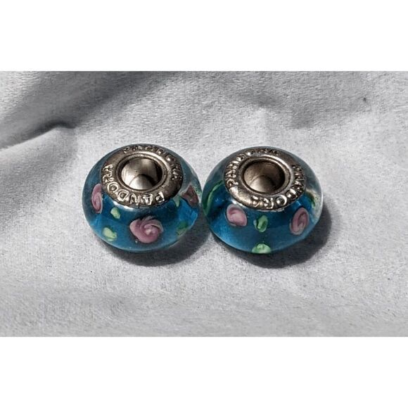 NEW SET OF 2 PANDORA MURANO BEADS TRANSLUCENT LT BLUE W/PINK & WHITE FLOWERS - B - Picture 2 of 2